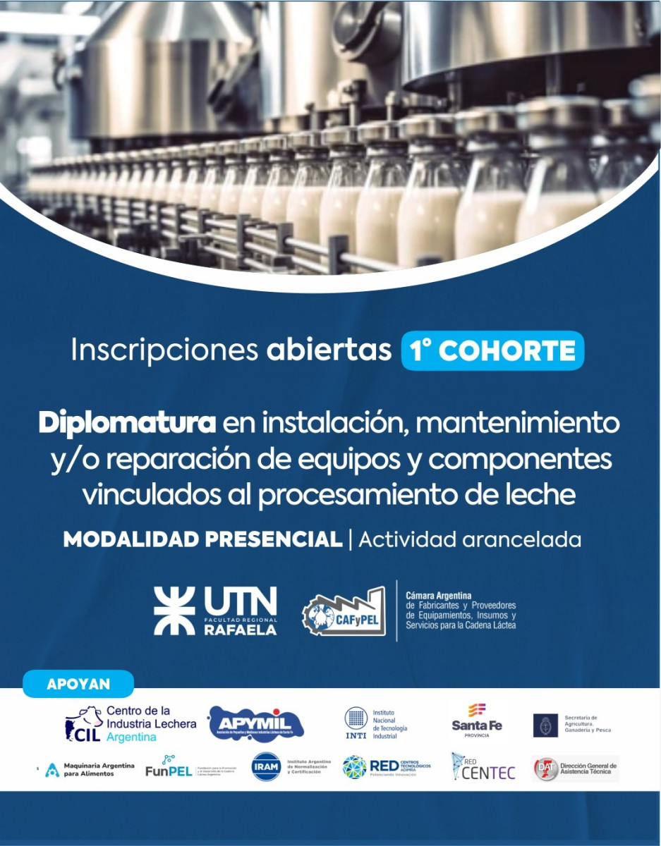 Inscriciones abiertas a la 1era cohorte de la DIPLOMATURA EN INSTALACIÓN, MANTENIMIENTO Y/0 REPARACIÓN DE EQUIPOS Y COMPONENTES VINCULADOS AL PROCESAMIENTO DE LECHE.